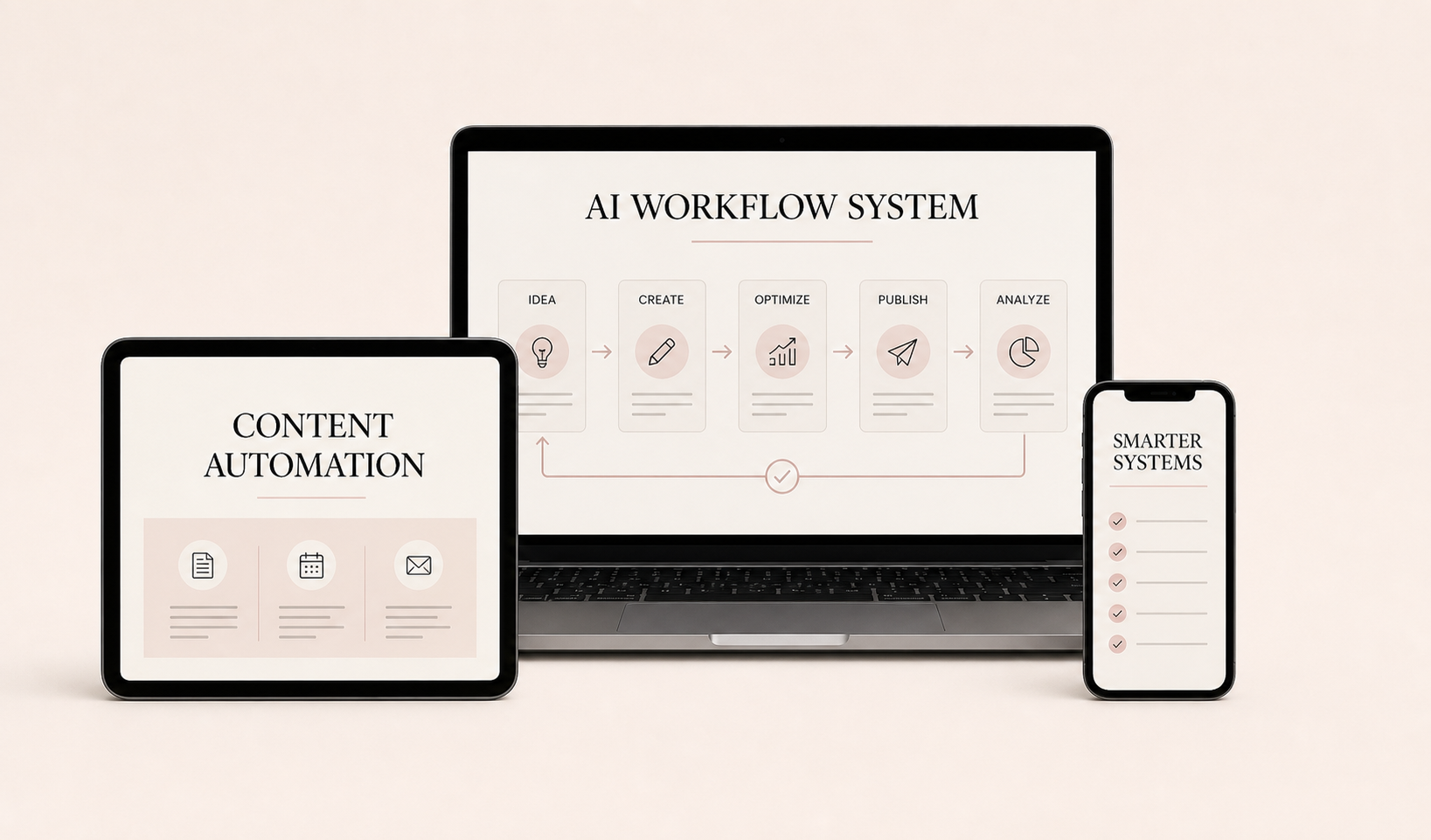 A tablet, laptop, and phone presenting Carolyn's content automation, AI workflow, and smarter systems resources