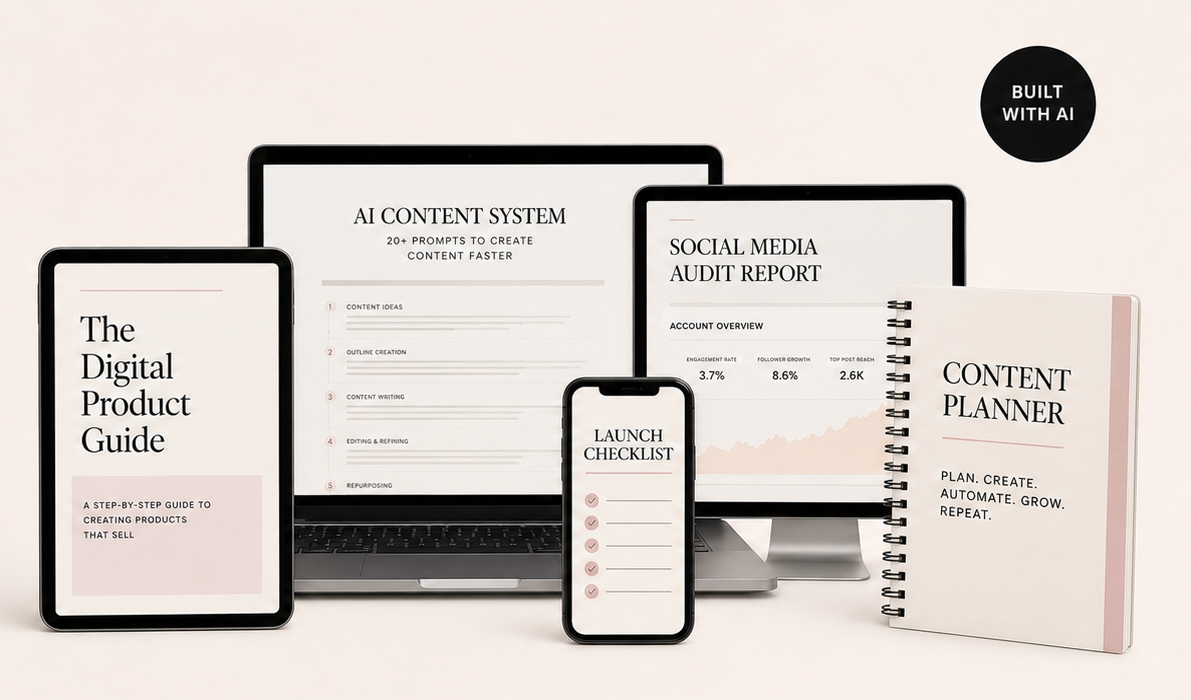 Carolyn's digital product guide, AI content system, launch checklist, social media audit, and content planner displayed across a tablet, laptop, phone, monitor, and workbook