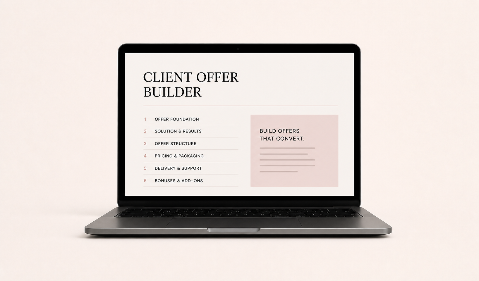 A laptop presenting Carolyn's client offer builder
